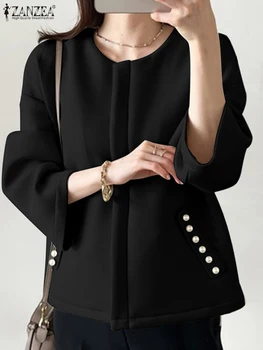 ZANZEA, дамски палта в корейски стил, с кръгло деколте, ежедневни елегантни якета 2023, Есенна горна дреха с дълги ръкави, Свободни модни черни якета