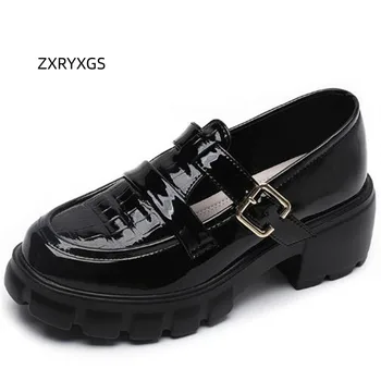 ZXRYXGS / 2023 г. Есента Топ От телешка кожа в Британски Стил с кръгла пръсти и обувки с високи Токчета за Дамски Обувки От Лачена кожа с Черен Цвят На дебела подметка С Висока