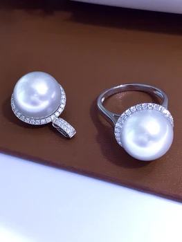 Австралийски бели перли Наньян, пръстен с окачване от естествени перли, морска вода, комплект с кръгла диамантен пръстен от изключително светло злато 18 Карата, подарък