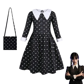 Бебешка рокля Wednesday Addams, костюм за Cosplay Wednesday, Черна готик рокля и чанта за момичета, детски дрехи за парти на Хелоуин
