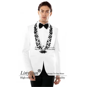 Бели Мъжки костюми за сватба с аппликацией от мъниста, Смокинги за младоженците, Комплекти от 2 теми, мъжки Блейзери за бала, Оборудвана приятелка, Terno masculinos completo