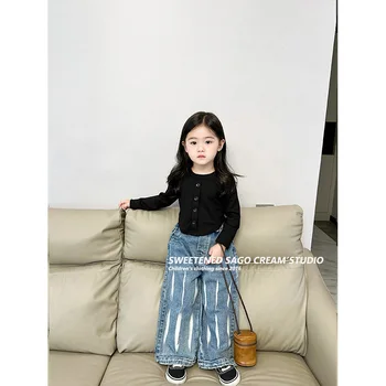 Блузи с качулка за момичета, Каубойски есенния сезон, Нова детски дрехи, Корейската Свободна Однорядная памучен пуговица