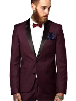 Бордовое палта, Панталони, Буйни мъжки костюми, 2 бр., Блейзър с ревера, Бизнес Висококачествени мъжки костюми, Булчински костюм (яке + панталон + вратовръзка)