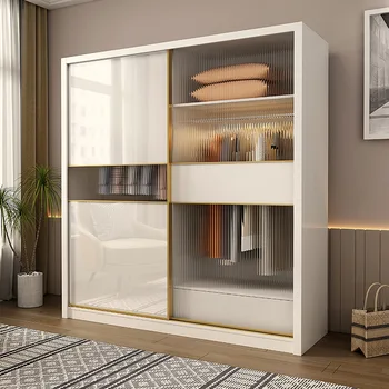 Бял модерен дизайн Morden Мебели за спалня Шкаф с плъзгаща се дървена врата Гардероби за спални Шкаф с голям обем за съхранение