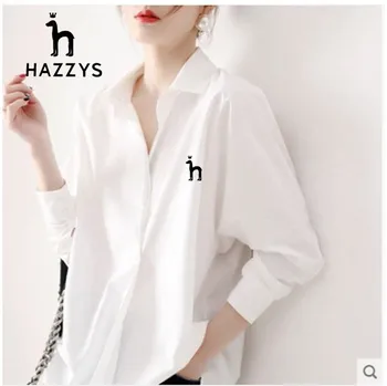 Бяла риза с бродирани женски логото, риза с дълги ръкави, без приятелка, ретро стил, лято