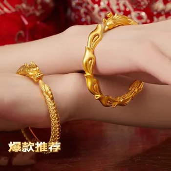 Виетнамски гривна от масивно злато с Дракон и Фениксом, Сватбена украса, Омедненный Гривна в национален стил, Женска ръка в ретро стил