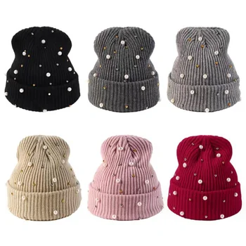 Вязаная капачка за жени, Есен-зима, Модерни Дамски шапки с перли, бродирани с мъниста, Вълнени топли меки дамски шапки-абсорбатори