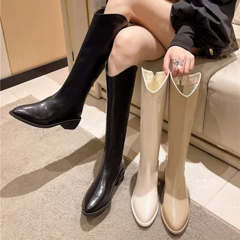 Дамска Есенно-зимни ботуши 2023 г., нови корейски модни дамски ботуши над коляното на дебелите обувки с остри цип отзад