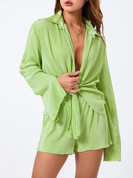 Дамски ежедневни облекла от 2 теми y2k, риза с дълъг ръкав и завязкой отпред, блуза и къси панталони, плиссированный комплект, градинска облекло за почивка