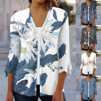 Дамски Ежедневни риза с флорална принтом и ръкав три четвърти от копчета, жилетка, най-лесна е Универсална и модни дамски блуза 2023