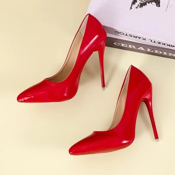 Дамски Обувки на висок ток, Дамски обувки-лодки, Обувки на висок ток, Женски Червените булчински обувки от изкуствена кожа на висок ток 11 cm