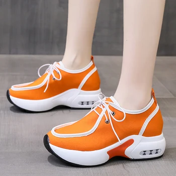 Дамски Оранжеви Обувки на платформа 2023, Модни, спортни обувки на танкетке с въздушна възглавница, Дамски Ежедневни обувки на дебела подметка с шнур, Chaussure