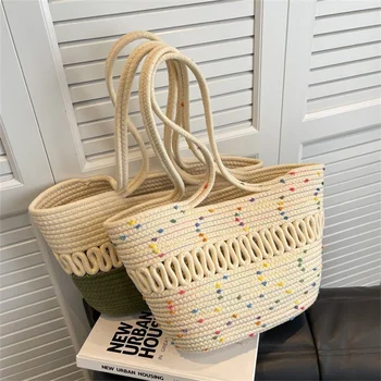 Дамски Плетени чанта, изработена от слама, Лятна Новата Модерна Преносима Плажната Квадратна чанта-тоут, Тканая чанта с голям капацитет за пътуване