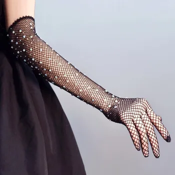 Дамски секси Дълги ръкавици в окото с кристали, Еластични ръкавици от ультратонкой окото с диаманти за целия пръст, екзотични вечерни костюмные ръкавици без пръсти