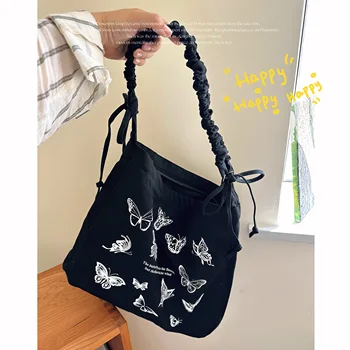 Дамски чанти през рамо, Реколта на тъканта, чанта през рамо, Ежедневни студентски чанта с пеперуда-Голям капацитет, ежедневни проста холщовая чанта за момичета