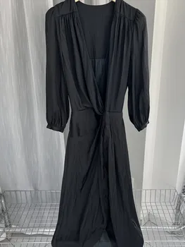 Дамско Черно атласное рокля Миди с дълбоко V-образно деколте, плиссированное Модно Рокля с Дълъг ръкав 2023, Есенни Дамски халати за баня с еластична талия