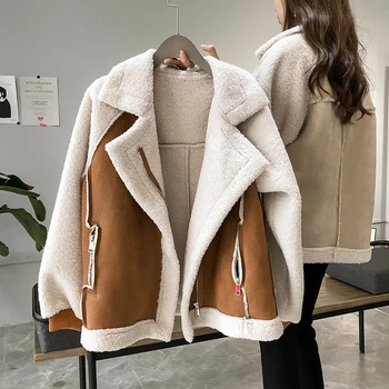 Дамско яке, Късо винтажное Утолщенное Свободно палто от овче руно, Корейската есен облекло, модни яке-локомотив, палта Оверсайз