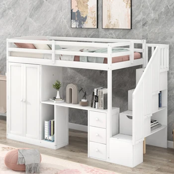 Двойно легло таванско помещение с килер и стълбище за съхранение на неща, вграден бюро, чекмеджета и един шкаф в 1, таванско помещение Легло за детска спалня