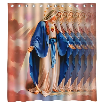 Дева Мария Ангел Свещено Сърце Християнин Нова Светлина от небето Декор на банята душ Завеса за душ