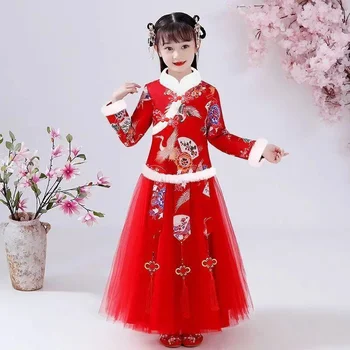 Детска коледна дрехи, рокли от епохата на Тан за момичета, кадифе сгъстено рокли на принцеси, китайски зимни рокли, чонсам, ха