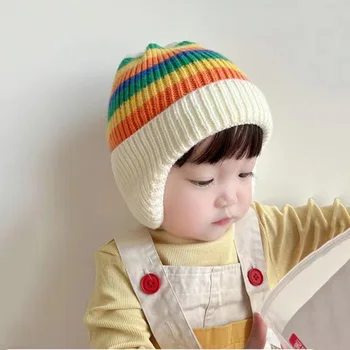 Детска шапка, Есенно-зимна шапка-пуловер за момичета, Корейската версия на шапки за момчета, Розова вълнена шапка, Топло защита на ушите, за момчета и момичета.