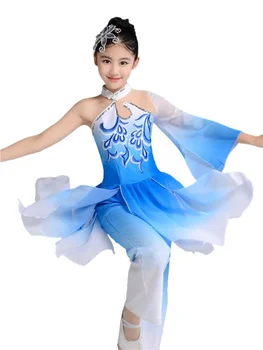 Детски дрехи за класически танци в стил шинуазри, елегантни облекла за танци за момичета, нова детски танц с веерами