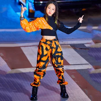 Детски Танцови костюми в стил хип-хоп, Свободни панталони с оранжеви искри и ръкави, Градинска облекло за джаз изпълнения, Дрехи
