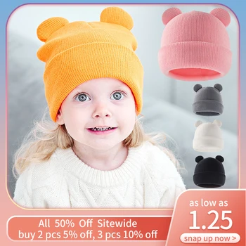 Детски шапки с Мультяшными уши, Однотонная шапка за деца, Вязаная на една кука, Есенно-Зимна Топла шапка за защита на ушите, Детска вязаная капачка