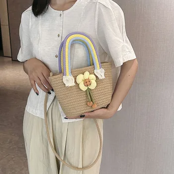 Дизайнерска декорация от Дъгова Памучен чанта от плетени въжета, Дамски чанти, малки чанти, Дамски лятна плажна чанта, чанти, Ежедневни чанти през рамо