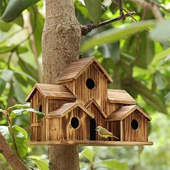 Дървен Окачен Птичи Къща на 6 Дупки Ръчно изработени от естествени птичи гнезда за Външни декор Двор Двор Градина