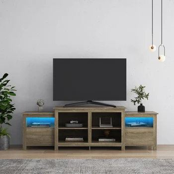 Дървена поставка за 75-инчов телевизор, 16 цвята led поставка за телевизор с дистанционно управление, с място за съхранение, подходящ за дневна