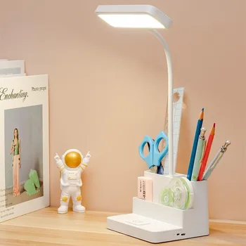 Държач за химикалки с малка led настолна лампа, акумулаторна настолна лампа, гъвкава гъша шия, 3 цветови режим, плавно спиране на тока, за защита на очите