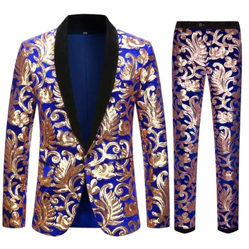 Европейският размер (сако + панталон, мъжки костюм, модерен великолепен синьо кадифе костюм със златни пайети, сватбена рокля за булката, комплект от 2 теми