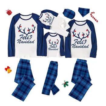 Едни и същи коледни семейни пижами Feliz Навидад, синьо пижамный комплект с оленьими рога