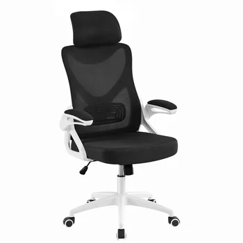 Ергономичен офис стол от мрежа с висока облегалка регулируема мека облегалката за глава, бял/черен