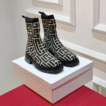 Есенни чорапи 2023 г., Дамски обувки от еластична тъкан, Дамски ежедневни обувки на платформа до средата на прасците, Възли къси ботуши, дамски обувки Големи размери