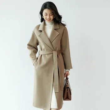 Есенно-Зимния ново двустранно вълна палто 2023, Женски Свободно Универсално палто със средна дължина от 100% чиста вълна