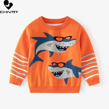 Есенно-зимния пуловер за малки момчета, пуловер, новост 2023 г., детски жакард възли пуловер с кръгло деколте и дълъг ръкав райе с шарките на акула, върхове