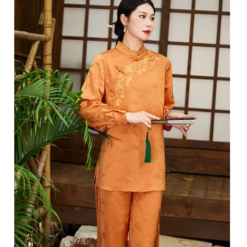 Есента Нов Случайни топ с дълги ръкави и висока деколте в китайски стил + Ретро-комплект бродерия за широките панталони с висока талия за жени на S-XXL