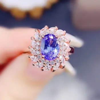 Естествено пръстен със синьо танзанитом на бижу Луксозен стил 6*8 мм 1.4 ct скъпоценен камък 925 сребро Изискани бижута J238253