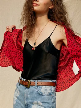 Жена Черно Секси Камизола без ръкави от 100% естествена Коприна с V-образно деколте, модни дамски блузи на бретелях