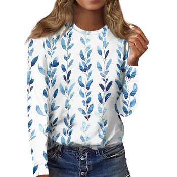 Женска тениска 2023, нови зимни реколта върхове, просто тениска, есенен пуловер с кръгло деколте и цветисти принтом, Свободен размер, дълги ръкави