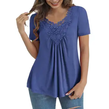 Женска тениска с V-образно деколте, завързана вязаный на една кука яка, къс ръкав, плиссированная однотонная елегантна свободна блуза, топ, градинска облекло топ женски