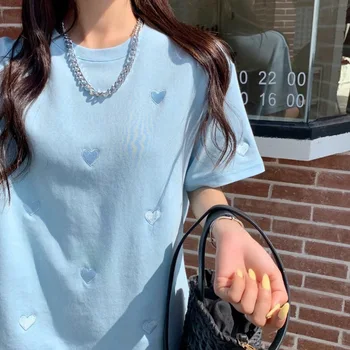 Женска тениска с къс ръкав, Лято 2023, Нов Стил, Западен Кръгъл отвор, Бродирани любов Свободен Корейски топ с кръстосани кант
