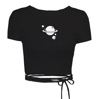 Женска тениска с принтом на планетата, тънък кратък съкратен най-Секси дамски ежедневни къси потници, тениска, Лятна дамски градинска облекло за партита, дамски дрехи
