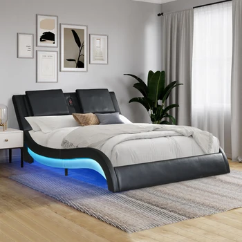 Заоблен дизайн, рамка на легло на платформата, осеян изкуствена кожа, е с led подсветка, Bluetooth връзка, вибрационным масаж на облегалката