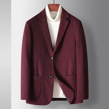 Зимен костюм Вълна копчета, яке Оверсайз, Мъжки Бизнес офис облекло, Вълнен костюм, Сако, Вино-червен Вълнен костюм, палто, Плюс Размер M-3XL