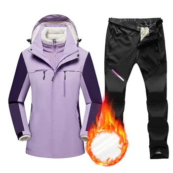 Зимни женски ски костюм, руното яке и панталони за жени, топли непромокаеми ветроупорен костюми за ски и сноуборд, дамско палто