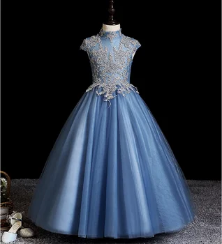 ИСКРЯЩО синьо выпускное бална рокля с цветя модел за момичета, Детски сватбена рокля с цип, красиви рокли за шаферките, Детски халат 12 години