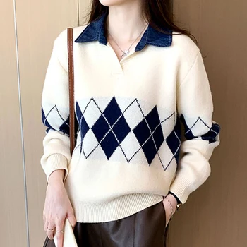 Кариран пуловер, пуловер, Женски лоскутный пуловер с дълъг ръкав, Свободна корейската мода, есен-зима, отложной яка, дебела вязаный топ